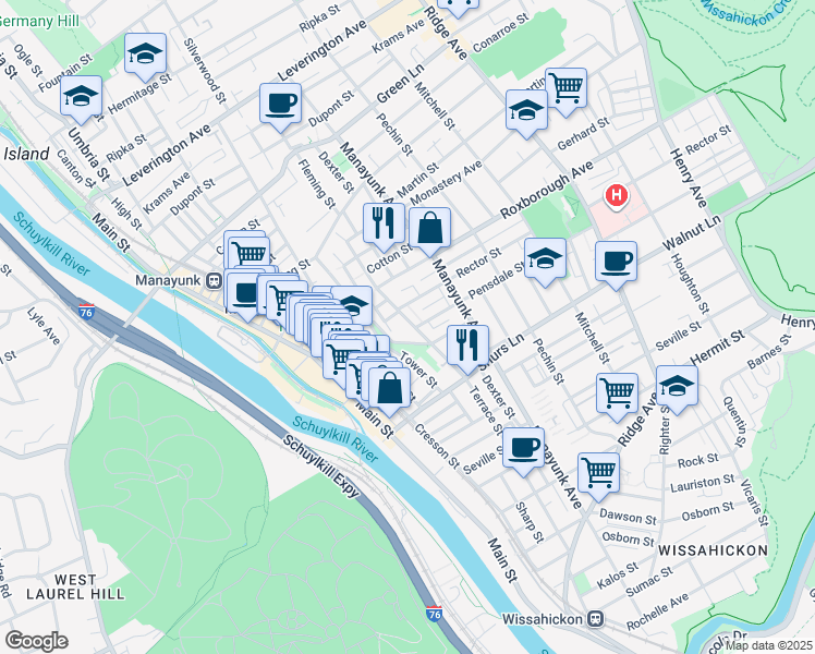 map of restaurants, bars, coffee shops, grocery stores, and more near 4164 Terrace Street in Philadelphia