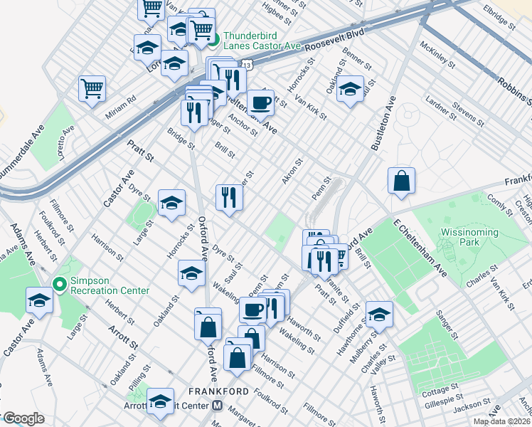 map of restaurants, bars, coffee shops, grocery stores, and more near 5260 Akron Street in Philadelphia