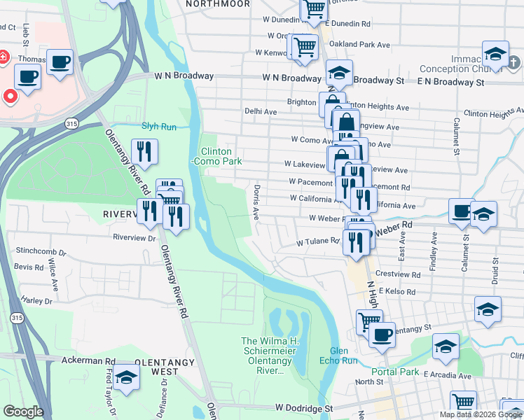 map of restaurants, bars, coffee shops, grocery stores, and more near 3159 Dorris Avenue in Columbus