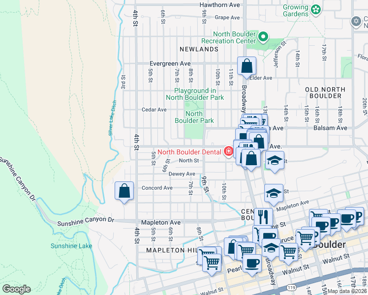 map of restaurants, bars, coffee shops, grocery stores, and more near 732 Alpine Avenue in Boulder