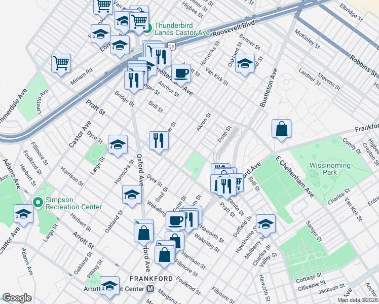 map of restaurants, bars, coffee shops, grocery stores, and more near 5260 Akron Street in Philadelphia