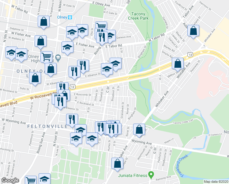 map of restaurants, bars, coffee shops, grocery stores, and more near 5017 Boudinot Street in Philadelphia