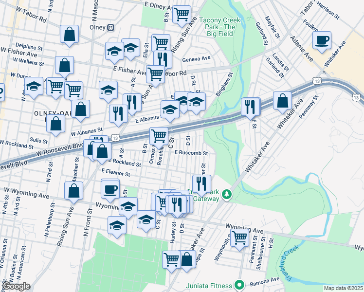 map of restaurants, bars, coffee shops, grocery stores, and more near 5017 Boudinot Street in Philadelphia