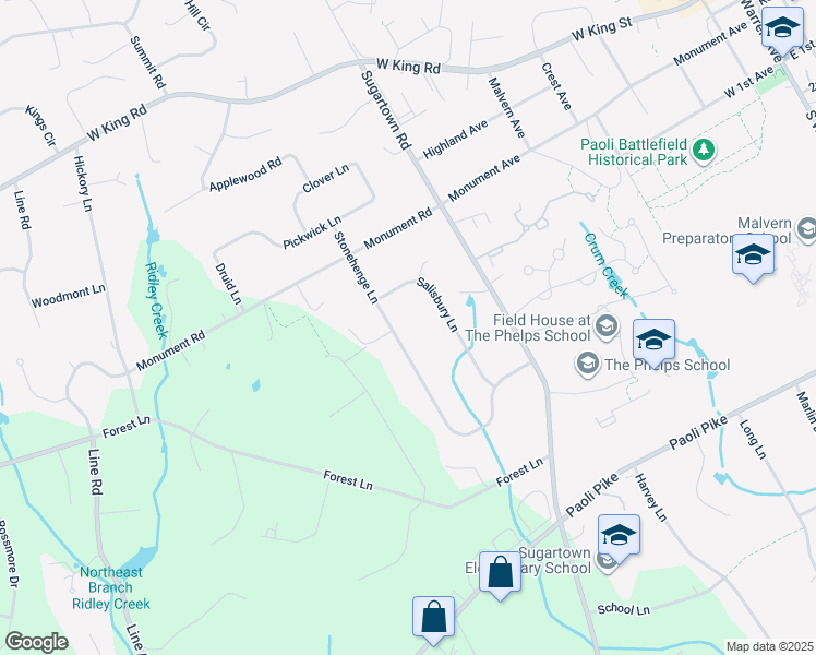 map of restaurants, bars, coffee shops, grocery stores, and more near 30 Stonehenge Lane in Malvern