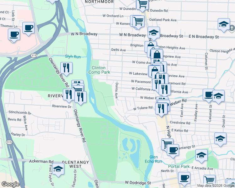 map of restaurants, bars, coffee shops, grocery stores, and more near 3159 Dorris Avenue in Columbus