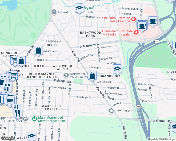 map of restaurants, bars, coffee shops, grocery stores, and more near in Upper Arlington