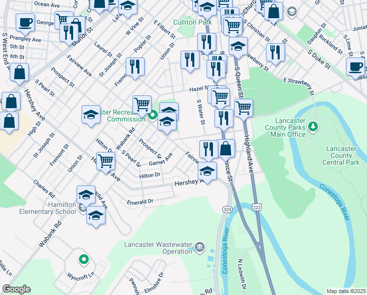 map of restaurants, bars, coffee shops, grocery stores, and more near 651 Fairview Avenue in Lancaster