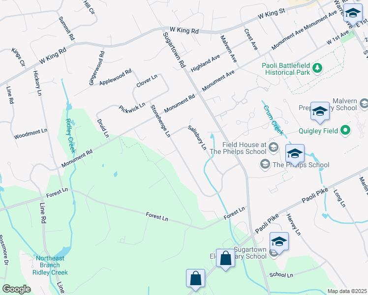 map of restaurants, bars, coffee shops, grocery stores, and more near 30 Stonehenge Lane in Malvern
