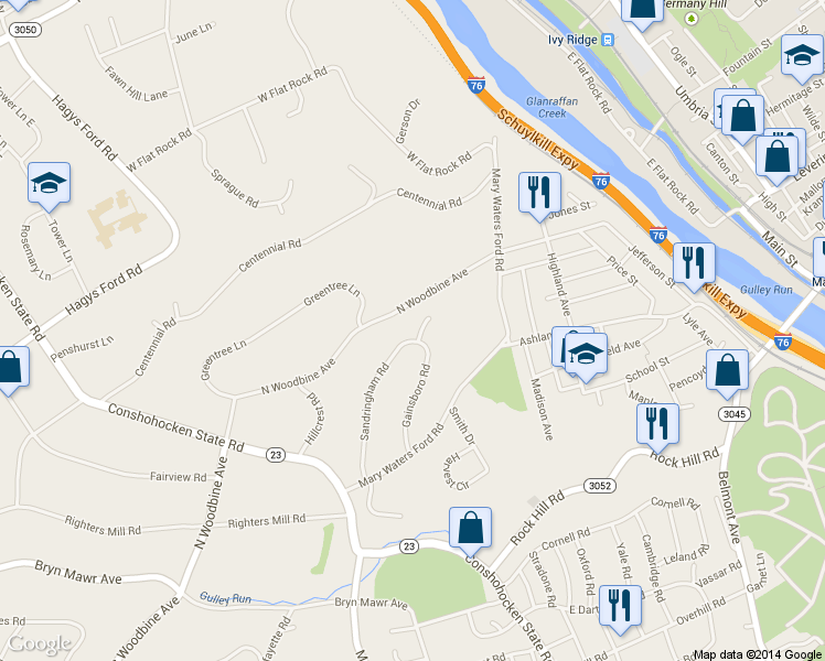 map of restaurants, bars, coffee shops, grocery stores, and more near 1300 Gainsboro Circle in Bala Cynwyd
