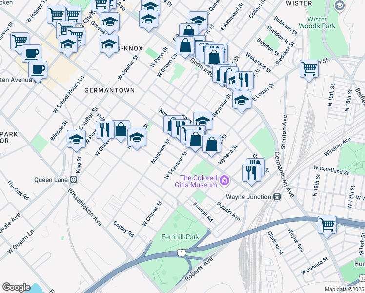 map of restaurants, bars, coffee shops, grocery stores, and more near 5014 Wayne Avenue in Philadelphia