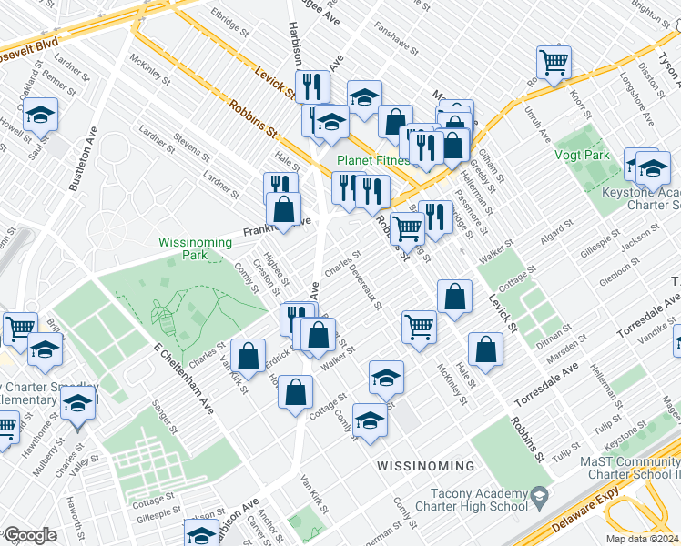 map of restaurants, bars, coffee shops, grocery stores, and more near 6147 Charles Street in Philadelphia