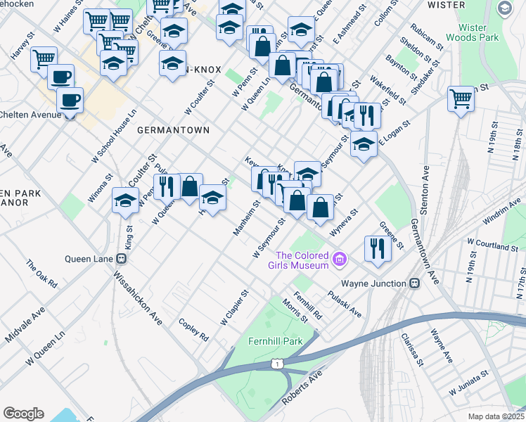 map of restaurants, bars, coffee shops, grocery stores, and more near 5046 Tacoma Street in Philadelphia