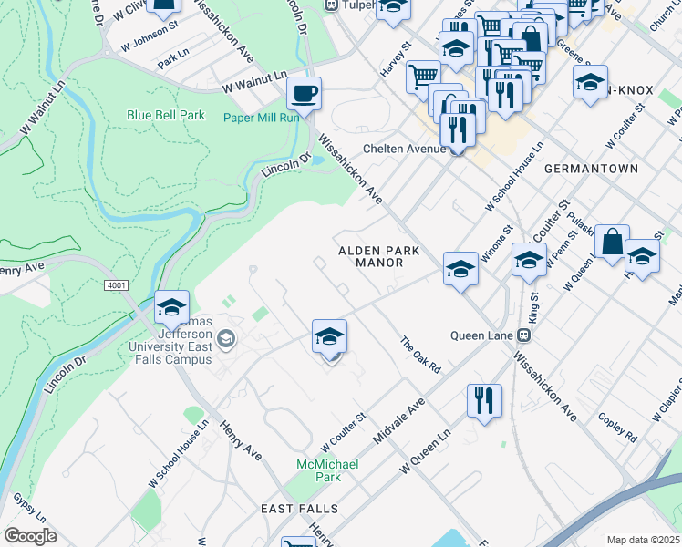 map of restaurants, bars, coffee shops, grocery stores, and more near 2979 West School House Lane in Philadelphia