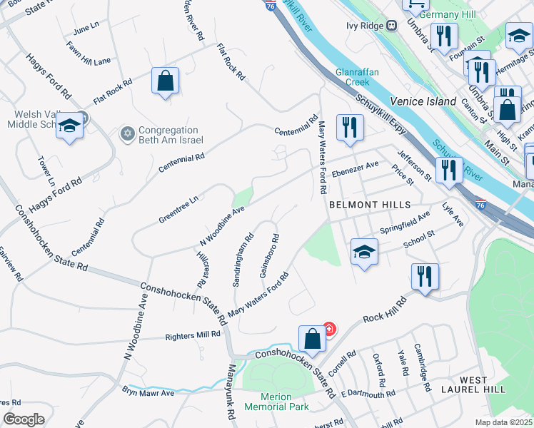 map of restaurants, bars, coffee shops, grocery stores, and more near 1300 Gainsboro Circle in Bala Cynwyd
