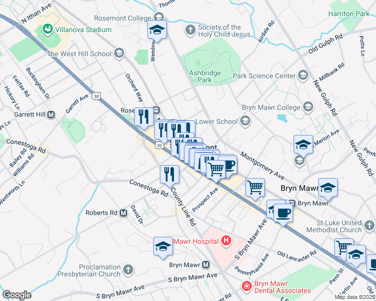 map of restaurants, bars, coffee shops, grocery stores, and more near 6 Franklin Street in Bryn Mawr