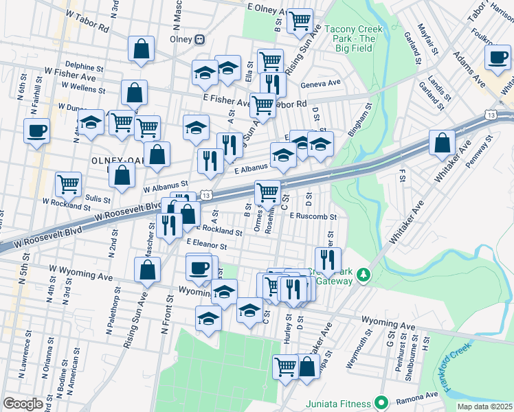 map of restaurants, bars, coffee shops, grocery stores, and more near 5012 Ormes Street in Philadelphia