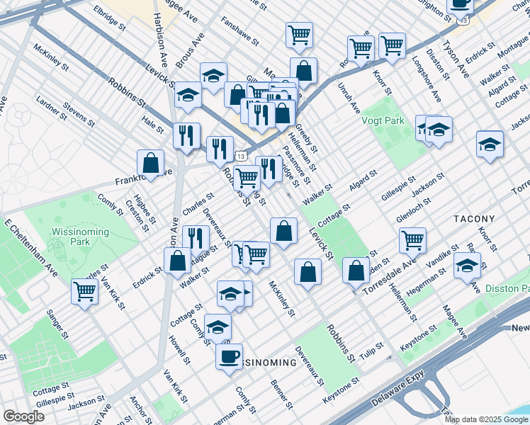 map of restaurants, bars, coffee shops, grocery stores, and more near 4222 Stirling Street in Philadelphia