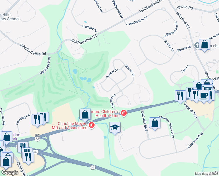 map of restaurants, bars, coffee shops, grocery stores, and more near 590 Pewter Drive in Exton