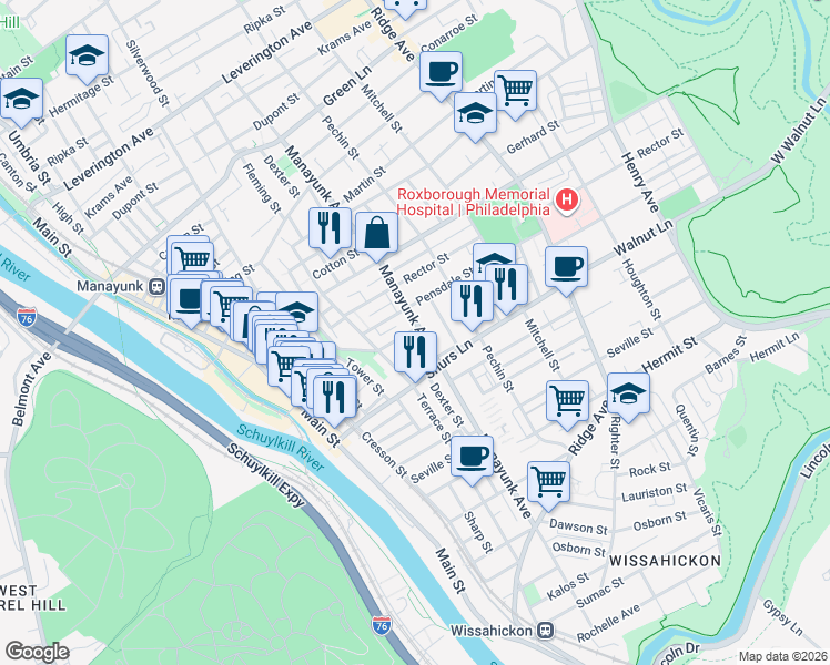 map of restaurants, bars, coffee shops, grocery stores, and more near 4134 Manayunk Avenue in Philadelphia