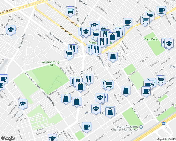 map of restaurants, bars, coffee shops, grocery stores, and more near 6147 Charles Street in Philadelphia