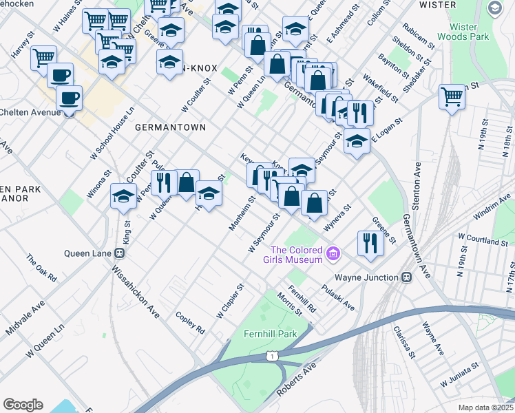 map of restaurants, bars, coffee shops, grocery stores, and more near 5048 Tacoma Street in Philadelphia