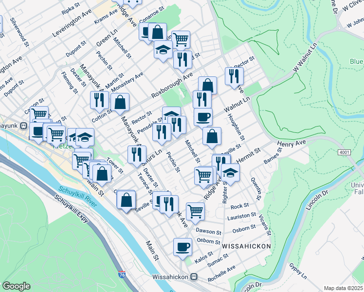 map of restaurants, bars, coffee shops, grocery stores, and more near 448 Shurs Lane in Philadelphia