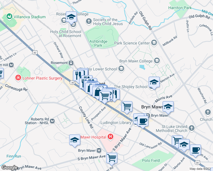 map of restaurants, bars, coffee shops, grocery stores, and more near 52 North Roberts Road in Bryn Mawr