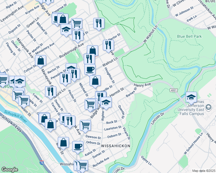 map of restaurants, bars, coffee shops, grocery stores, and more near 538 Seville Street in Philadelphia