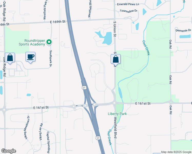 map of restaurants, bars, coffee shops, grocery stores, and more near 16404 Westfield Boulevard in Westfield