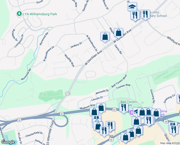 map of restaurants, bars, coffee shops, grocery stores, and more near 244 Tall Trees Circle in Downingtown