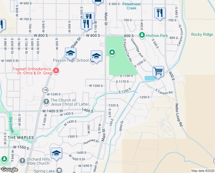 map of restaurants, bars, coffee shops, grocery stores, and more near 1184 West 1150 South Street in Payson