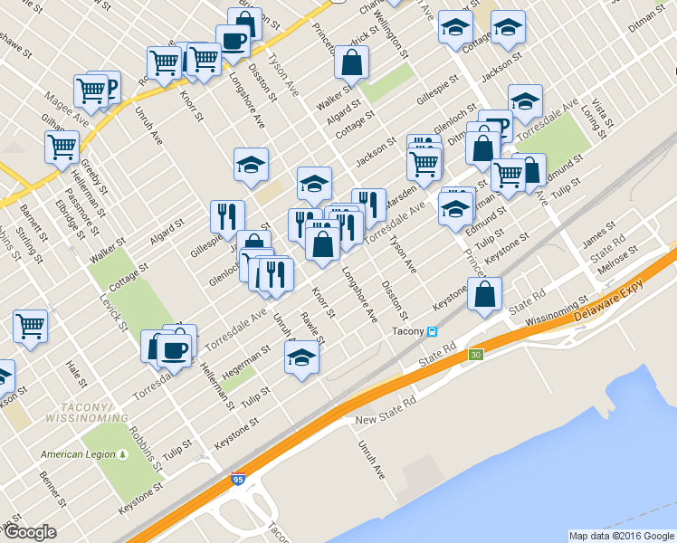 map of restaurants, bars, coffee shops, grocery stores, and more near 6836 Torresdale Avenue in Philadelphia