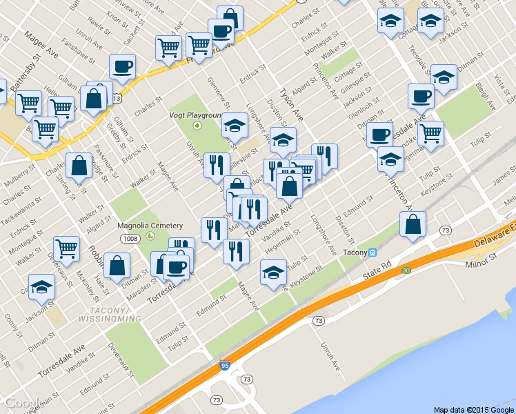 map of restaurants, bars, coffee shops, grocery stores, and more near 6728 Ditman Street in Philadelphia