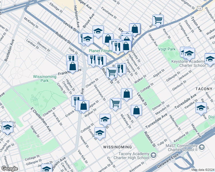 map of restaurants, bars, coffee shops, grocery stores, and more near 4143 Robbins Street in Philadelphia