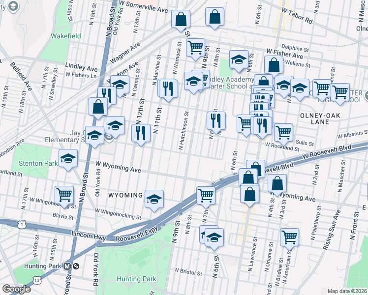 map of restaurants, bars, coffee shops, grocery stores, and more near 4839 North Hutchinson Street in Philadelphia