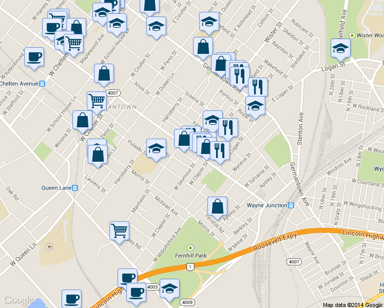 map of restaurants, bars, coffee shops, grocery stores, and more near in Philadelphia