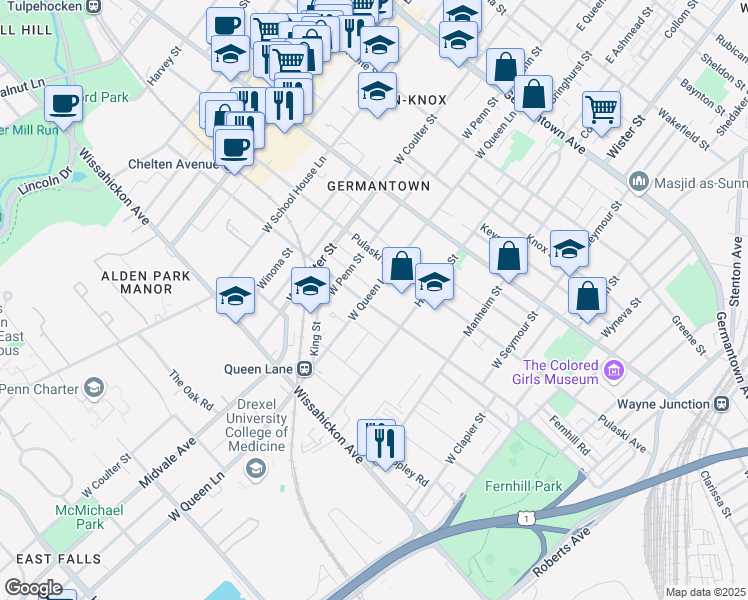 map of restaurants, bars, coffee shops, grocery stores, and more near 5320 Priscilla Street in Philadelphia