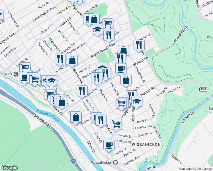 map of restaurants, bars, coffee shops, grocery stores, and more near 448 Shurs Lane in Philadelphia
