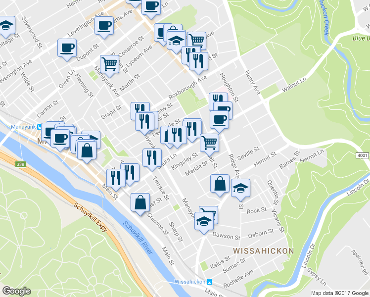 map of restaurants, bars, coffee shops, grocery stores, and more near 410 Shurs Lane in Philadelphia