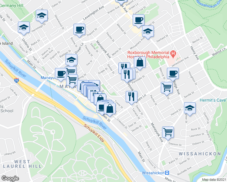 map of restaurants, bars, coffee shops, grocery stores, and more near 217 Rector Street in Philadelphia