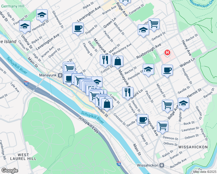 map of restaurants, bars, coffee shops, grocery stores, and more near 217 Rector Street in Philadelphia