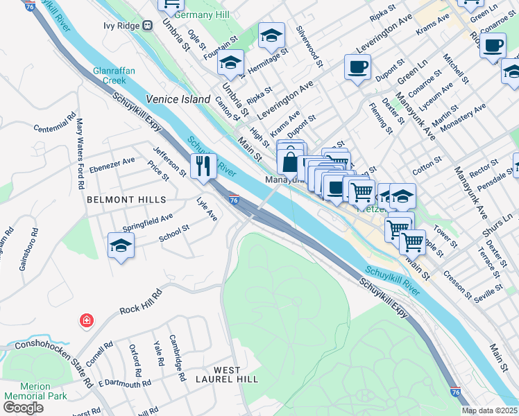 map of restaurants, bars, coffee shops, grocery stores, and more near 1-87 Green Lane in Philadelphia