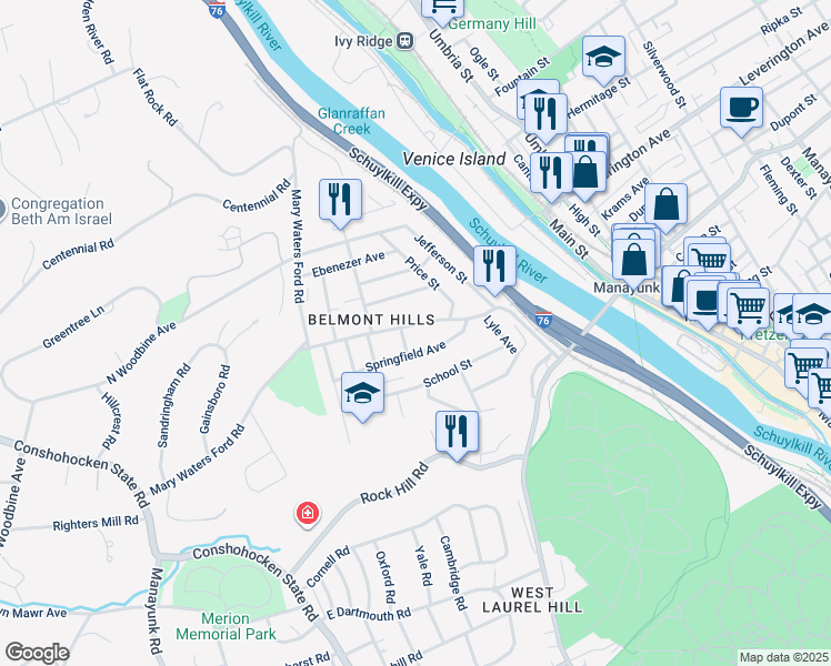 map of restaurants, bars, coffee shops, grocery stores, and more near 146 Ashland Avenue in Bala Cynwyd