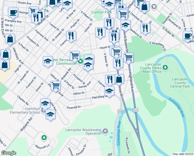 map of restaurants, bars, coffee shops, grocery stores, and more near 651 Fairview Avenue in Lancaster
