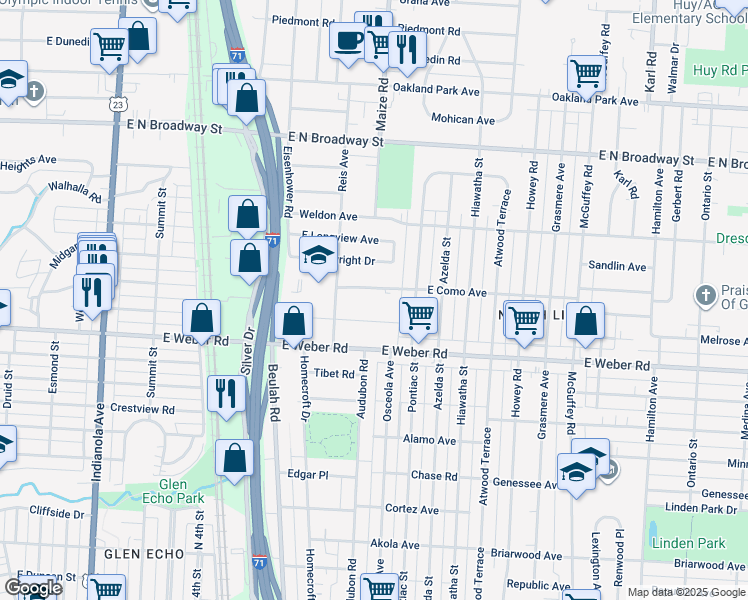 map of restaurants, bars, coffee shops, grocery stores, and more near 840 East Como Avenue in Columbus