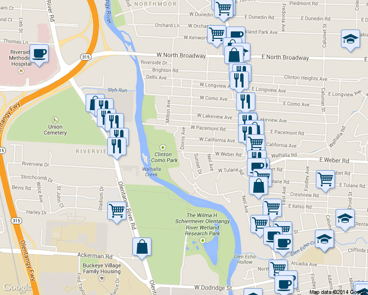 map of restaurants, bars, coffee shops, grocery stores, and more near 3159 Dorris Avenue in Columbus
