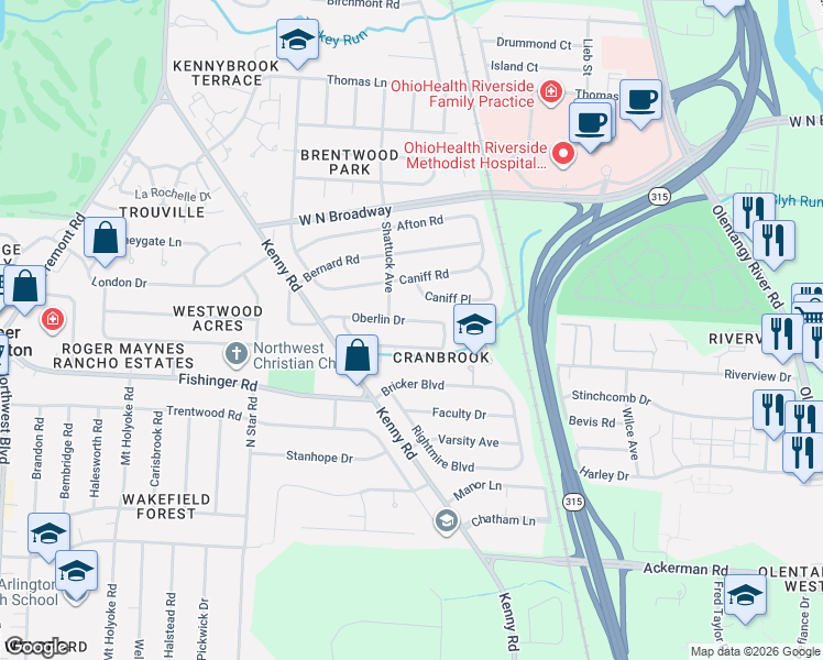 map of restaurants, bars, coffee shops, grocery stores, and more near 990 Oberlin Drive in Columbus