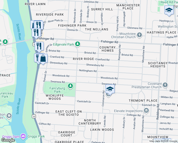 map of restaurants, bars, coffee shops, grocery stores, and more near in Columbus