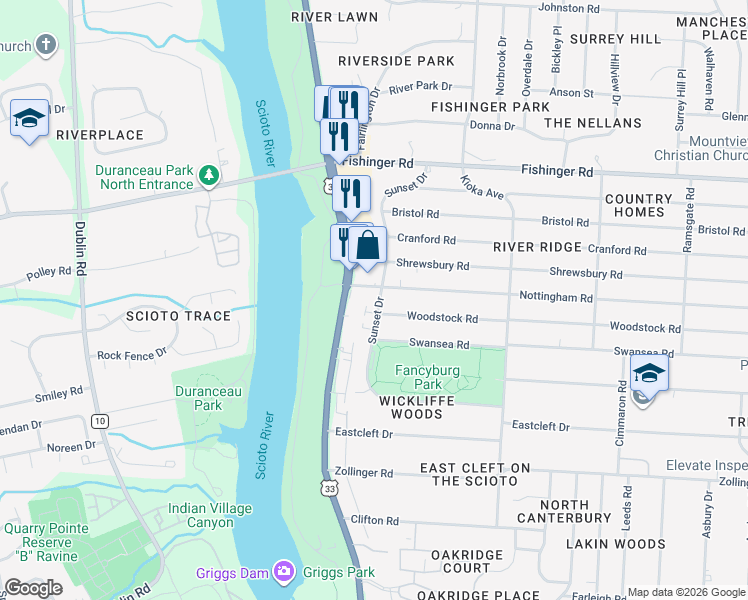 map of restaurants, bars, coffee shops, grocery stores, and more near 2800 Nottingham Road in Upper Arlington