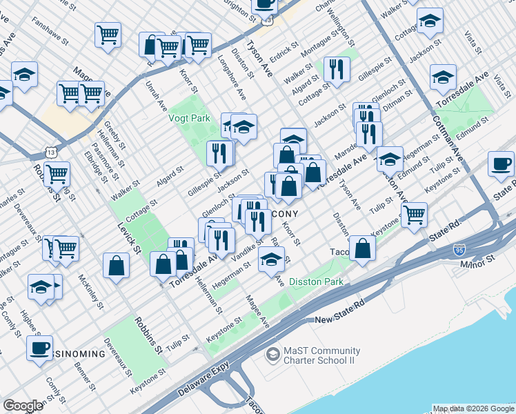 map of restaurants, bars, coffee shops, grocery stores, and more near 6728 Ditman Street in Philadelphia